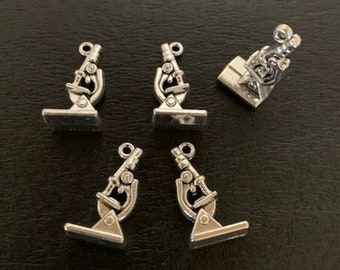 5 silver tone microscope charms, microscope charm, microscope pendant, science charm, science charms, science pendant, silver charms, charm