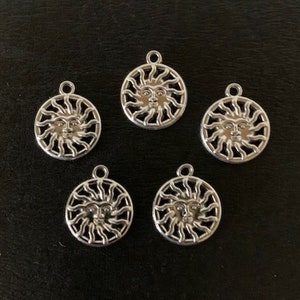 5 silver sun charms, metal charms, sun with face, sun charm, sun charm bulk, sun pendant, sun pendent, silver sun charm, silver sun pendant
