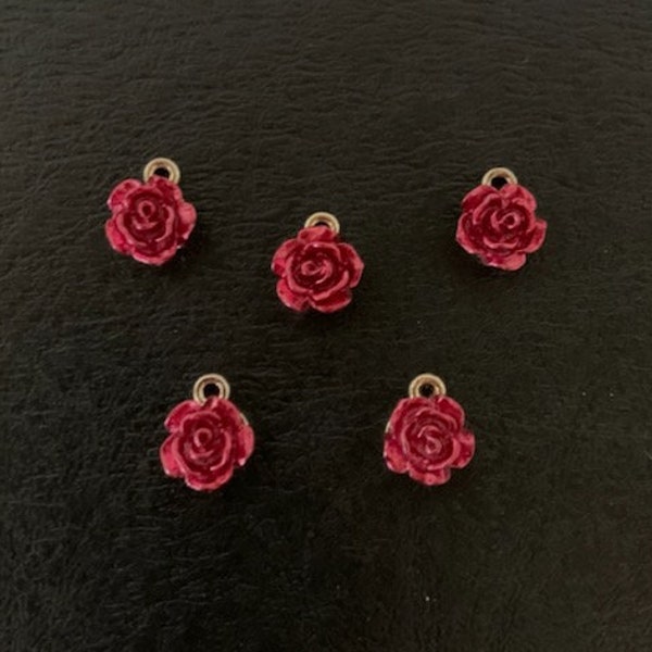 5 dark red metallic rose charms, red rose charm, dark red rose, rose charm, rose flower charm, red rose jewelry, rose jewelry, earring rose