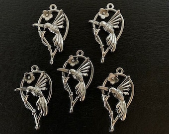 5 hummingbird charms, hummingbird charm, hummingbird pendant, humming bird charm, bird charm, bird pendant, silver bird charm, hummingbird