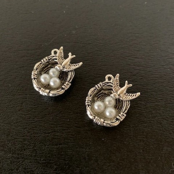 2 silver and pearl bird nest charms, metal charms, nest charm, nest charm pack, bird nest charms, bird nest pendant, bird charm, egg charm