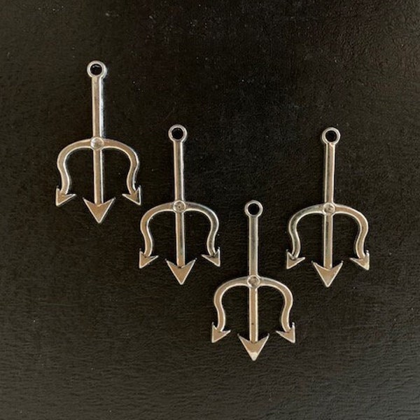 4 silver & black bead trident pendants, trident pendant, trident charm, silver trident charm, devil trident, trident jewelry, medieval charm