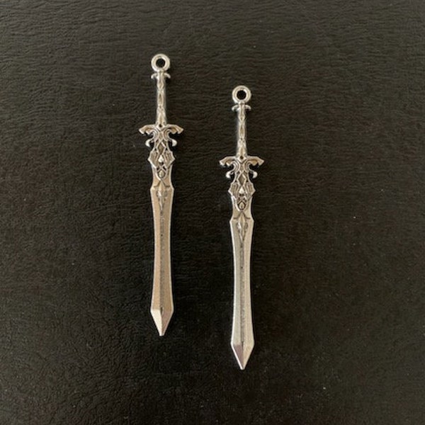 2 sword pendants, sword charms, sword charm large, sword, silver swords, silver sword charm, pirate charm, fencing charm, fencing pendant