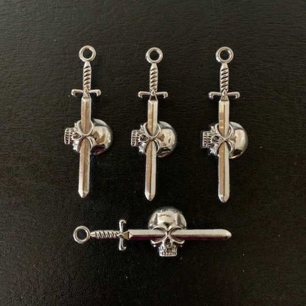 4 sword skull pendants, sword charm, sword charm large, silver sword, silver sword charm, pirate charm, silver skull pendant, medieval sword