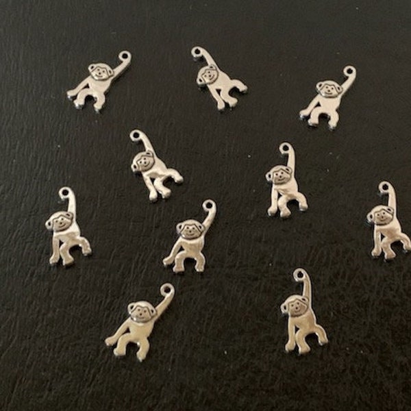 10 mini monkey charms, metal charms, monkey charm, monkey bracelet, monkey jewelry, small monkey, animal charms, mini monkey, charm monkey