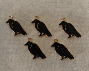 5 black raven charms, black raven charms, raven charm, raven charm black, crow charm, gothic bird, black bird jewelry, goth charms, raven