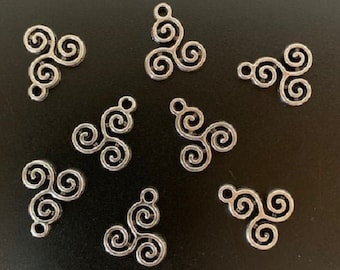 8 silver triple spiral charms, metal charms, charm bracelet, celtic charms, triskelion pendant, spiral charms, spiral pendant, swirl pendant