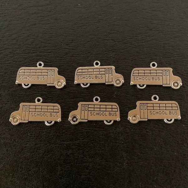 6 silver school bus charms, school bus charm, school charm, charm school, transportation charm, bus driver, school craft, two sided charms