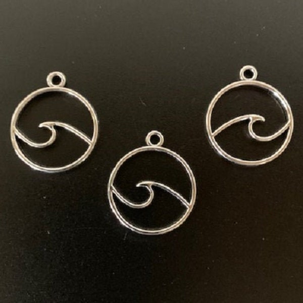 6 silver wave charms, metal charms, charm bracelet, wave charm, wave pendant, wave circle, silver wave pendant, swimming charm, ocean charms