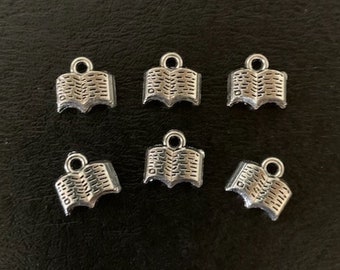6 mini book charms, book charm, book charm bulk, charms book, silver book charm, book charm silver, mini book charms, reading charms, book