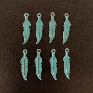 8 turquoies feather charms, feather charm bulk, feather charms, turquoise feathers, native feathers, patina charms, feather pendant, feather