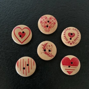 6 random mix heart buttons, heart buttons, button heart, buttons hearts, red heart buttons, wood heart buttons, heart crafts, card making