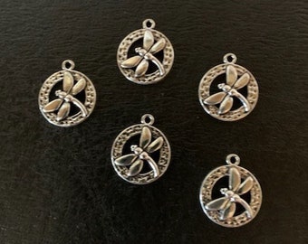 5 silver dragonfly charms, metal charms, charm bracelet, dragonfly charm, dragonfly pendant, silver dragonfly, dragon fly, insect charms