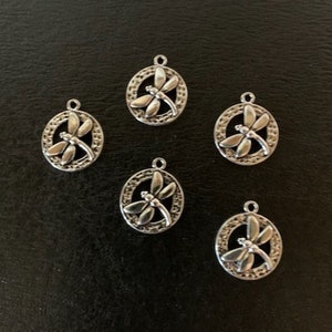 5 silver dragonfly charms, metal charms, charm bracelet, dragonfly charm, dragonfly pendant, silver dragonfly, dragon fly, insect charms