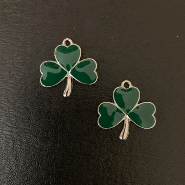 2 shamrock charms, shamrock charm, shamrock pendant, irish charms, irish pendant, shamrock jewelry, green charm, silver shamrock, green