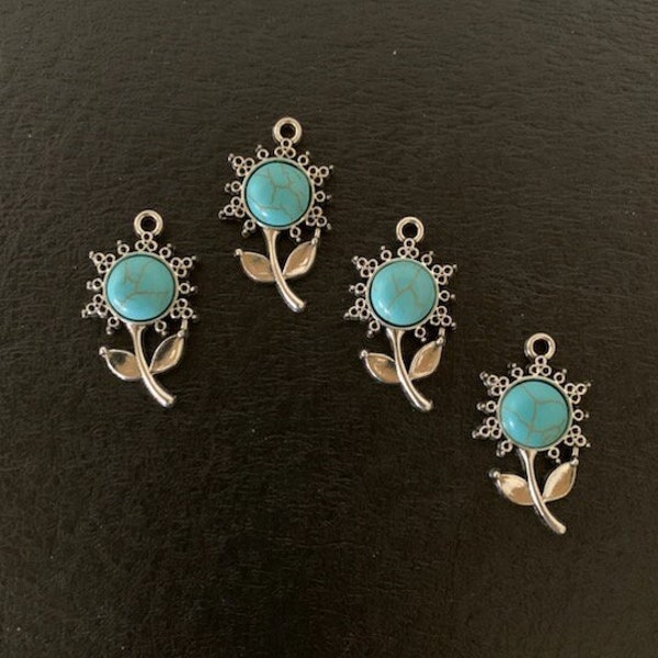 4 turquoise stone flower charms, southwest flower, turquoise flower, stone flower pendant, flower charm, flower charm silver, flower pendant