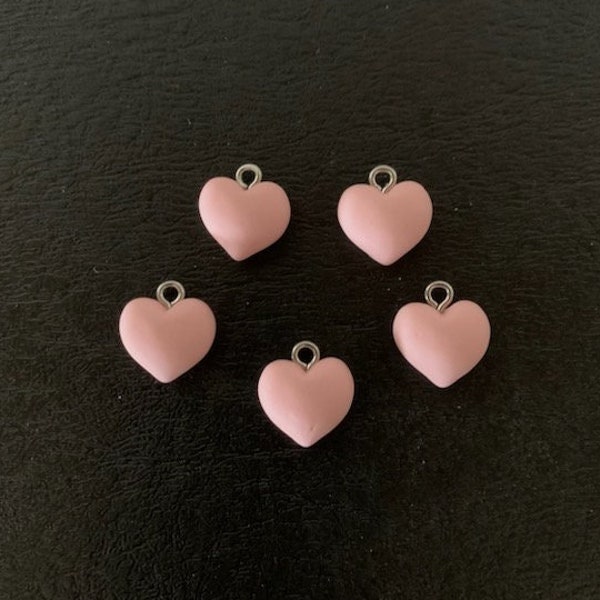 5 small pink heart charms, pink heart charm, heart charms, pink heart pendant, pink heart jewelry, small heart charm, chunky heart charm