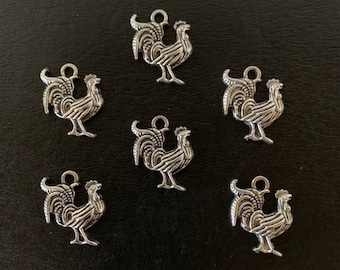 6 silver rooster charms, rooster charms, rooster pendant, rooster jewelry, chicken charm, animal charms, farm animal charms, charm animal