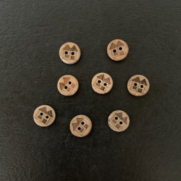 8 cute house buttons, coconut buttons, half inch buttons, brown buttons, house, houses, craft house, house craft, house picture, 13mm button