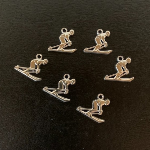 6 skier charms, skier charms, skier pendant, skier charm pack, skiing charms, silver ski charms, ski charm, ski charm silver, ski jewelry