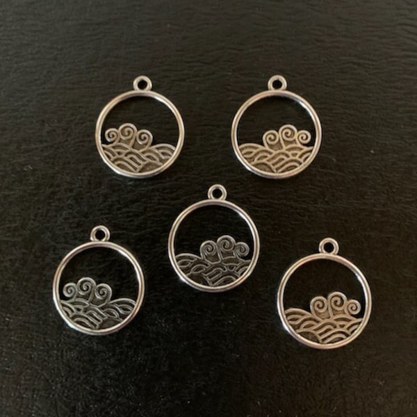 5 silver wave charms, metal charms, charm bracelet, wave charm, wave pendant, wave circle, silver wave pendant, ocean wave charm, charm wave