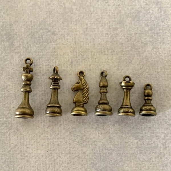 6 chess piece charms, chess piece charms, chess charms, bronze chess pieces, chessmen, chess game pieces, chess piece set, mini game pieces