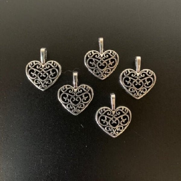 5 silver heart charms, metal charms, charm bracelet, silver heart charm, heart charm, heart charms bulk, heart charm silver, filigree heart