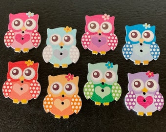 8 random mix owl buttons w/bow, owl buttons, owl button, owls crafts, craft buttons, sewing buttons, owl craft, bird buttons, wood owls, owl