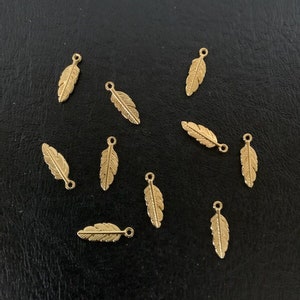 May include: A collection of 12 gold-colored feather charms with a loop at the top for attaching to jewelry or other crafts.