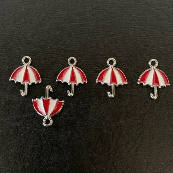 5 red white silver umbrella charms, umbrella charm, umbrella jewelry, beach umbrella, weather charm, beach charms, silver umbrella, umbrella