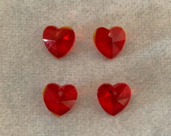 4 red crystal heart charms, crystal charms, charm bracelet, red crystal heart, crystal heart charm, charm heart, red heart charm, red heart