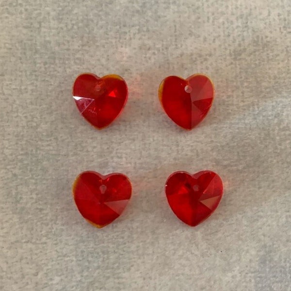 4 red crystal heart charms, crystal charms, charm bracelet, red crystal heart, crystal heart charm, charm heart, red heart charm, red heart