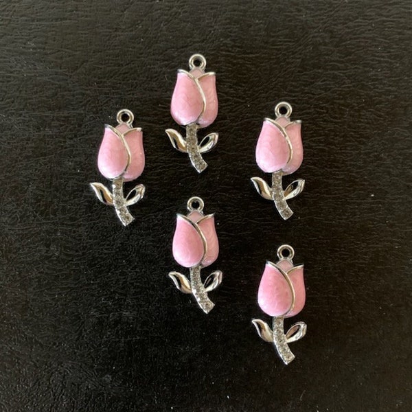 5 pink and silver tulip charms, pink tulip charm, tulip charm, tulip pendant, tulip jewelry, pink flower charm, pink tulips, charms flower