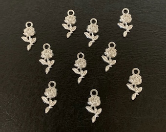 10 silver rose charms, metal charms, charm bracelet, rose charm, rose charm bulk, silver rose, silver rose charm, rose pendant, flower charm