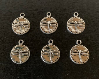 6 silver dragonfly charms, metal charms, charm bracelet, dragonfly charm, dragonfly pendant, silver dragonfly, dragon fly, insect charms