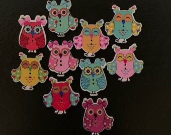 10 random mix pigtail owl buttons, girl owl, owl button, owl buttons, pigtail bows, bulk buttons, owl crafts, cute owl, novelty buttons, owl