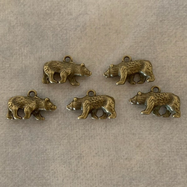5 bear charms, metal charms, charm bracelet, bear charm, bear charms bulk, bear charm pendant, bronze bear, animal charms, bear pendant
