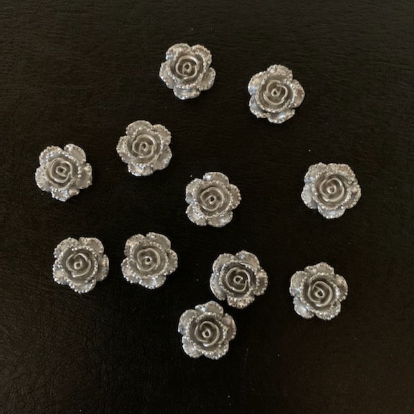 11 silver rose flatbacks, card making supplies, silver rose, rose cabochon, silver anniversary, wedding roses, craft rose, rose silver, rose