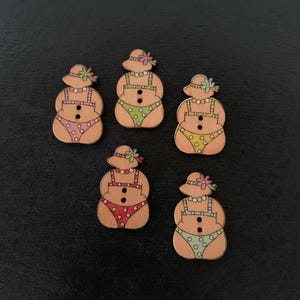 5 random mix ladies in bikini buttons, cartoon woman, bikini, bikini set, old lady in bikini, beach hat, funny buttons, cartoon buttons