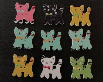 9 random mix cat buttons, cat buttons, cat button, cat button sewing, cat button wood, 2 hole buttons, button cat, assorted buttons, buttons