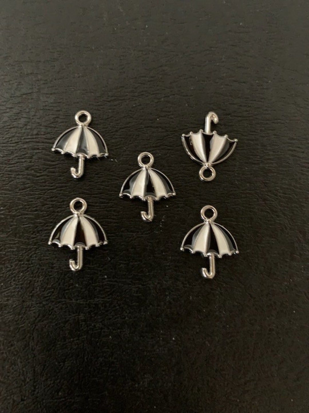 5 Black White Silver Umbrella Charms, Umbrella Charm, Umbrella Jewelry