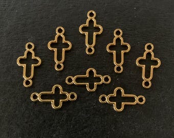 8 small cross connector charms, gold cross connector, gold cross charm, cross connector, connector charms, cross charm, cross charms bulk