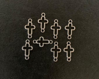 8 small cross connector charms, cross connector, cross bracelet charm, connector charms, cross charm, cross charms bulk, silver connectors