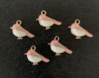 5 pink & gold bird charms, mini birds, gold bird charm, bird charms, bird charms gold, bird gifts, small bird charm, pink birds, charms bird