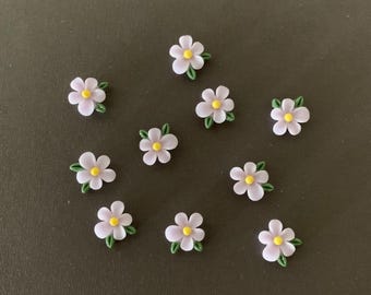 10 sm leaf and purple flower flatbacks, purple flowers, flower cabochons, pastel flower, flower flatback, flower flat back, small flowers,