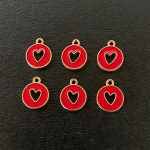 6 red and gold heart charms, metal charms, red heart charm bulk, red heart charm, small red hearts, heart charms, small heart charm, hearts
