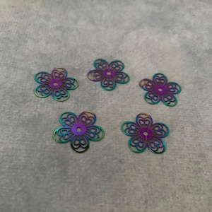 5 rainbow metal flower charms, rainbow stainless steel, rainbow metal charm, rainbow flower charm, rainbow flowers, rainbow metal flowers