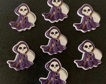 7 wood grim reaper skeleton buttons, halloween buttons, wood skeleton, halloween favors, buttons halloween, spooky buttons, halloween crafts