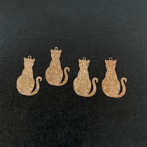 4 gold floral textured cat charms, gold cat charm, cat charm, gold cat pendant, cat pendant, gold cat jewelry, cat jewelry, cat charm gold