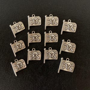 12 pirate flag charms, pirate flag charm, skull flag charms, crossbones charm, silver pirate charms, skull charm, silver skull charm, pirate